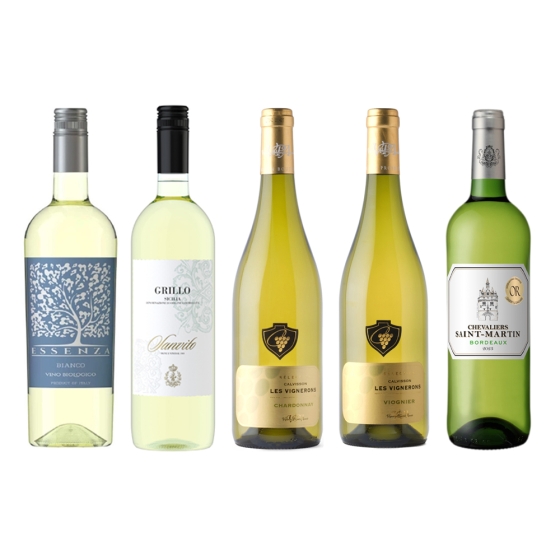 【守口店受取】フランス＆イタリア産　辛口白ワインぶどう品種飲み比べ　5本セット